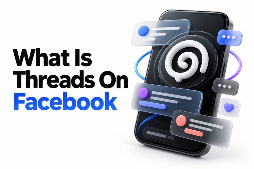 Smartphone displaying the Threads app beside the Facebook logo